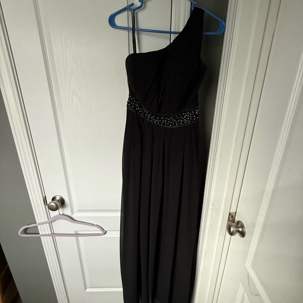 Bill Levkoff Black One-Shoulder Dress with Embellished Waist